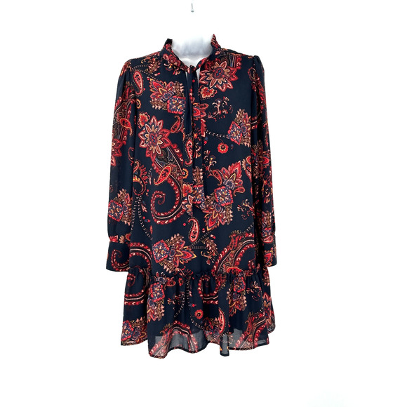 Loft Boho Dress Small Paisley Print Tie Neck Fall Long Sleeve Mini‎ Romantic - Picture 1 of 9